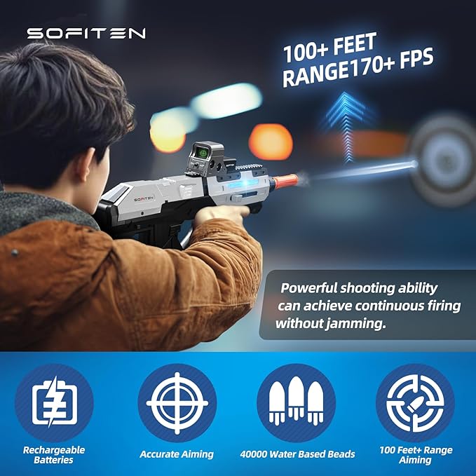 Automic Gel Ball Blaster High Speed of 180+FPS Gel Gun Blaster with Stylish Running Lights Rounds Electric Toy Gun Easter Birthday Gifts for Age 14+