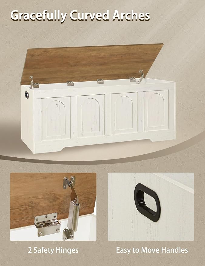 Storage Chest, Wooden Toy Box, Honey Brown & Rustic White 50.0" L | Extra Large Storage Bench, 2 Soft-close Hinges, Finger-safe Flip-Top Lid, Easy Assembly, Farmhouse Trunk, Living Room/Bedroom