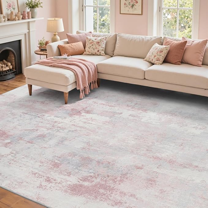 9x12 Ft Extra Large Washable Area Rugs for Living Room, Soft Non-Slip Modern Abstract Pattern Carpet for Bedroom Indoor Floor Nursery Home Decor (Pink)