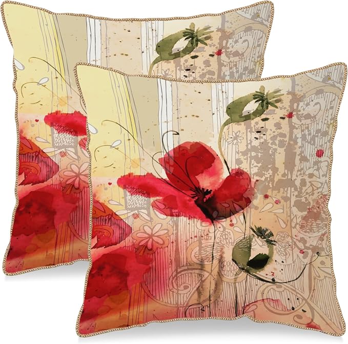 KSLIDS Red Poppy Flower Soft Velvet Throw Pillow Covers Set of 2 Watercolor Art Flower Decorative Pillow Covers 16x16 Inch Retro Beige Pillow Case for Sofa Couch Living Room Farmhouse Home Decor