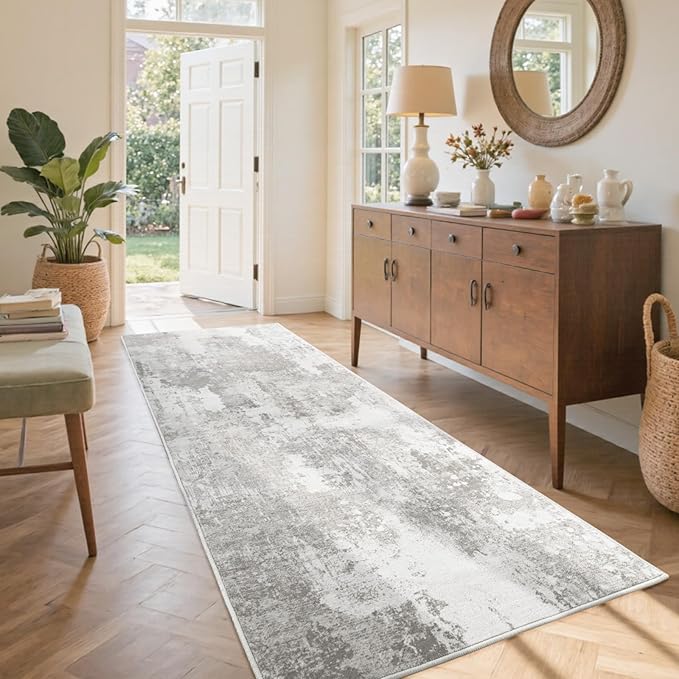2x6 Ft Washable Runner Rug, Non-Slip Low Pile Hallway Kitchen Area Rug, Soft Long Entryway Floor Mat Abstract Pattern Carpet for Bedside & High-Traffic Areas (Light Grey)