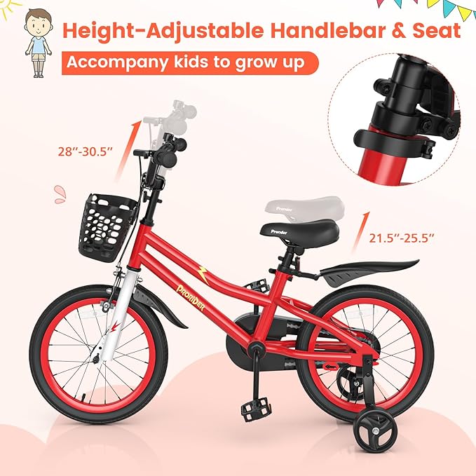 BABY JOY Kids Bike, 12 14 16 18 20 Inch Children Bikes for Boys Girls Teens 3-8 8+ Years w/Training Wheels or Kickstand, Handbrake, Coaster Brake & Removable Basket, Kids Bicycle of Multiple Colors