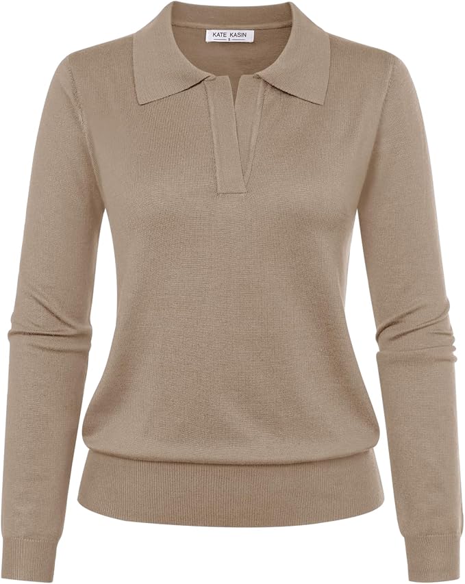 Women's Long Sleeve Classic V Neck Casual Fall Winter Polo Sweater Tops | Basic Collared Knitted Fashion Work Business Formal Daily Wear Versatile Pullover Shirts