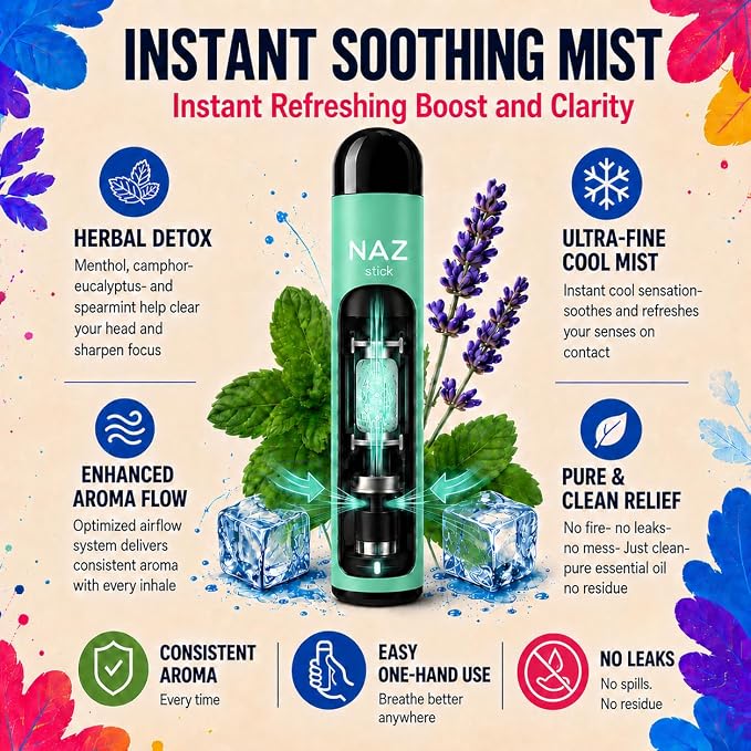 Naz Menthol Herbal Nasal Stick - Spearmint, Camphor, Eucalyptus Extracts w/Mist Electric Nasal Inhaler for Aromatherapy, ICY Refreshing & Instant Focus Herbal Diffuser Pen - 3Pak