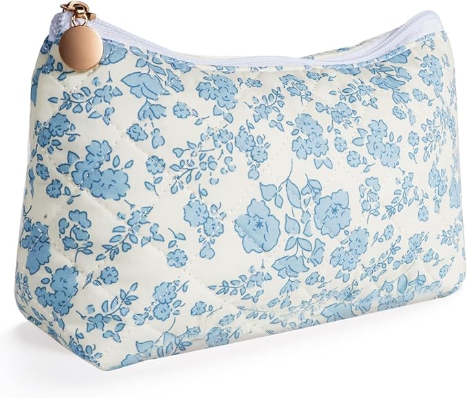 Quilted Cotton Makeup Bag, Coquette Quilted Toiletry Bag for Women and Girls, Floral Coquette Pouch, Cute Kawaii Travel Cosmetic Bags (Blue Floral)