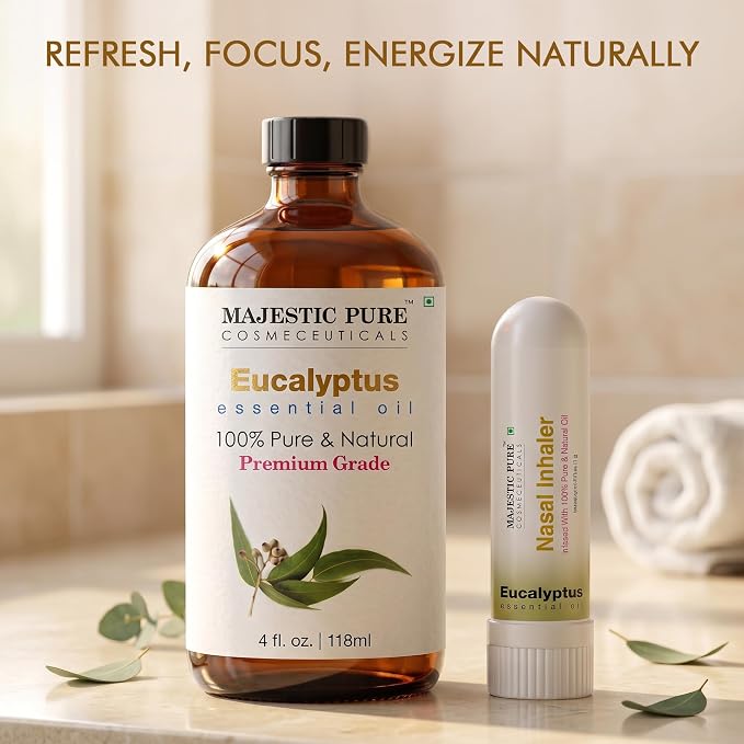 Majestic Pure Eucalyptus Essential Oil 4 Fl Oz | With Nasal Inhaler
