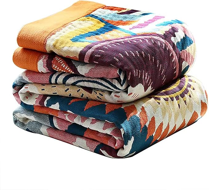 VANJOROY Boho Throw Blanket, 100% Organic Muslin Cotton Skin-Friendly Breathable Ultra Soft Bed Quilt Throw - All Season Decor Colorful Blanket for Sofa Couch Chair and Gift. 91" x 108"