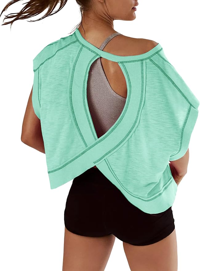 Kumufenc Women Short Sleeve Workout Shirts Open Back Tops Casual Yoga Y2k Athletic Gym Slouchy Crop Running Tees