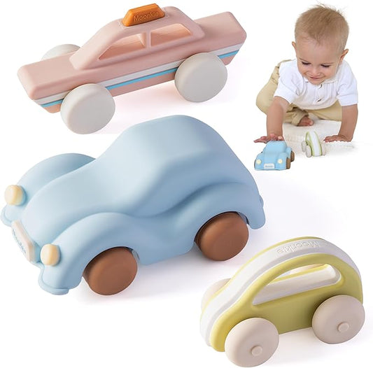 Moonkie Food Grade Silicone Toy Cars for Babies & Toddlers, Push and Go Baby Car Toys 6–12 Months, Baby Teething Toys 4–6 Months, One-Piece Design Infant Toys, Birthday Gifts for Boys & Girls, 3 Pack