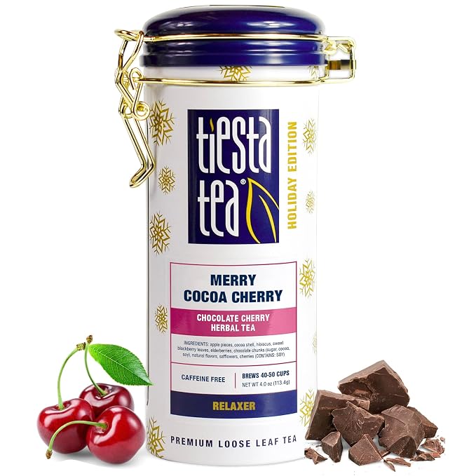 Tiesta Tea - Merry Cocoa Cherry Loose Leaf Tea, Chocolate Cherry Herbal Blend, Non-Caffeinated, Brew Hot or Iced, Refillable Tin Can, Makes up to 50 Cups, 4 Ounce
