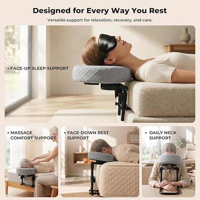 Freebody Upgraded Massage Headrest for Bed with Armrest Shelf & Breast Pillow, Adjustable Massage Face Cradle at Home,18" Height Massage Head Holder for Sleeping Mattress, Classic Grey