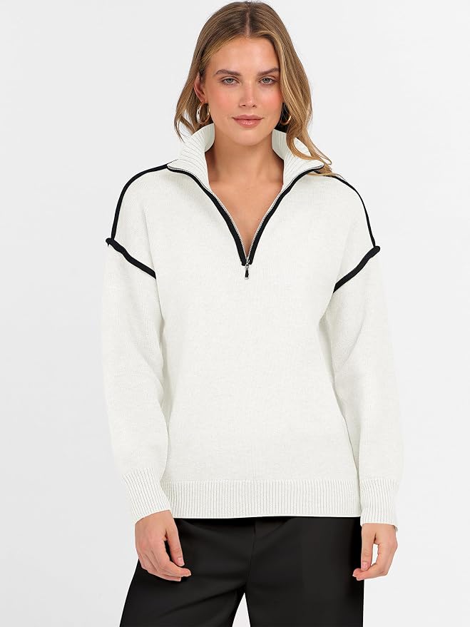 ANRABESS Womens Quarter Zip Sweaters Fall Long Sleeve V Neck Shirts Collared Business Casual Tops Knit Pullover Sweatshirts