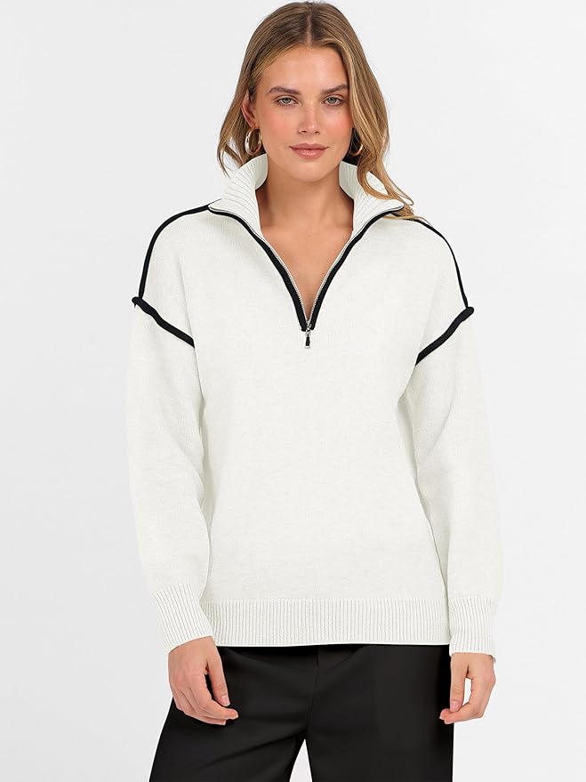 ANRABESS Womens Quarter Zip Sweaters Fall Long Sleeve V Neck Shirts Collared Business Casual Tops Knit Pullover Sweatshirts