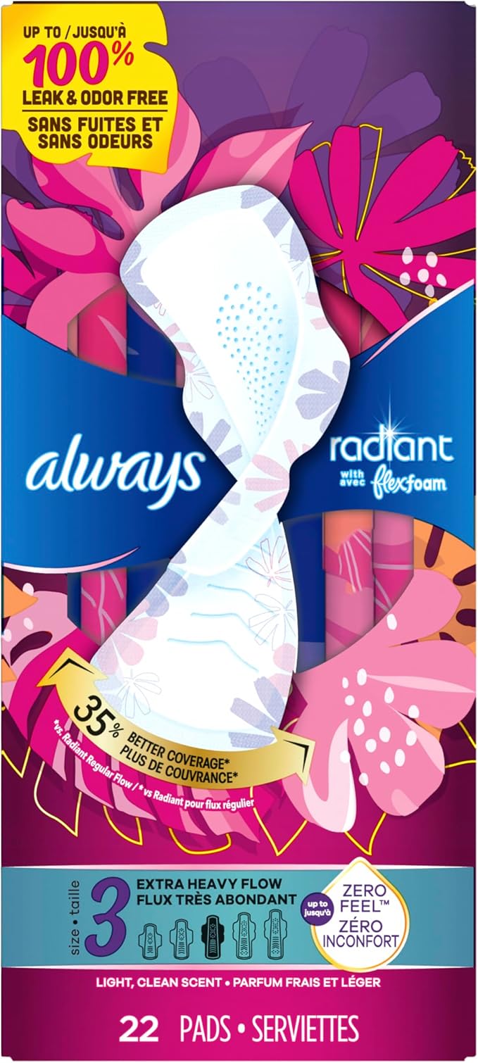 Always Radiant Feminine Pads For Women, Size 3 Extra Heavy Flow Absorbency, With Flexfoam, With Wings, Scented, 22 Count