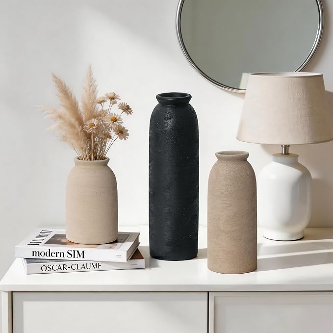 Ceramic Vase Set of 3, Small Flower Rustic Vase Home Decor Neutral Modern Farmhouse Boho Pampas Pottery Vases Decorative Centerpiece for Table Mantel Shelf Living Room Kitchen Bathroom