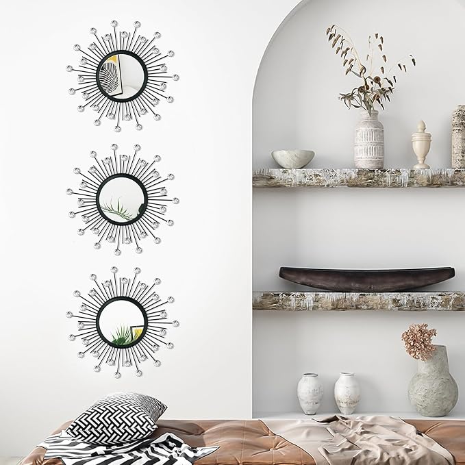 3 Pack Metal Mirrors for Wall Sunburst Wall Mirrors Home Décor Decorative Hanging Wall Art for Living Room Bedroom Entryway (Black Crystal, Sunburst)