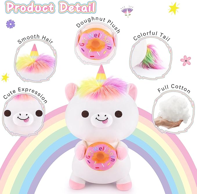 Achwishap Get Well Soon Unicorn Plush Stuffed Animal,Soft Get Well Soon Gifts for Kids Girls Adults-14” Kawaii Unicorn Plush Toy Pillow,Cute Plushies Doughnut Decoration Feel Better Gifts