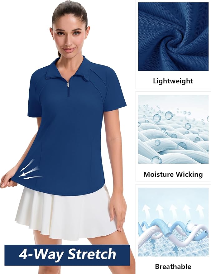 LOMON Womens Golf Polo Shirt Summer Short Sleeve Quarter Zip Outfit | Side-Pockets,Princess Seams,Cotton,Wrinkle Free,Moisture Wicking,Quick-Dry,Lightweight,Collared,for Tennis Workout