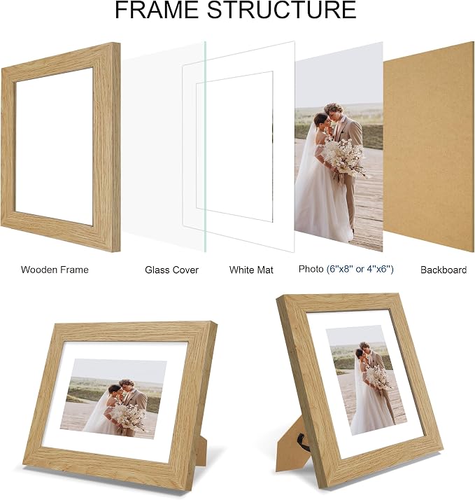 Hongkee 6x8 Picture Frame Set of 4, Made of Real Glass and Natural Oak Frame - Display Picture 4x6 with Mat or 6x8 Without Mat, 6 by 8 Photo for Wall or Tabletop