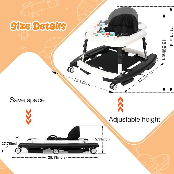 5-in-1 Baby Walker for Boys and Girls Music and Lights 6-18 Month, Foldable Baby Walkers with 5 Adjustable Heights, Infant Toddler Walker with Wheels and Combo Portable(Black)