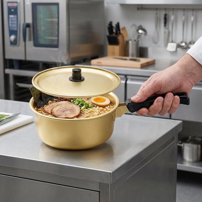 OUNONA 2pcs Gold Korean Ramen Pot Set - Large and Small Aluminum Cooking Pot with Lid - Suitable for Stovetop Noodle Soup Kitchenware