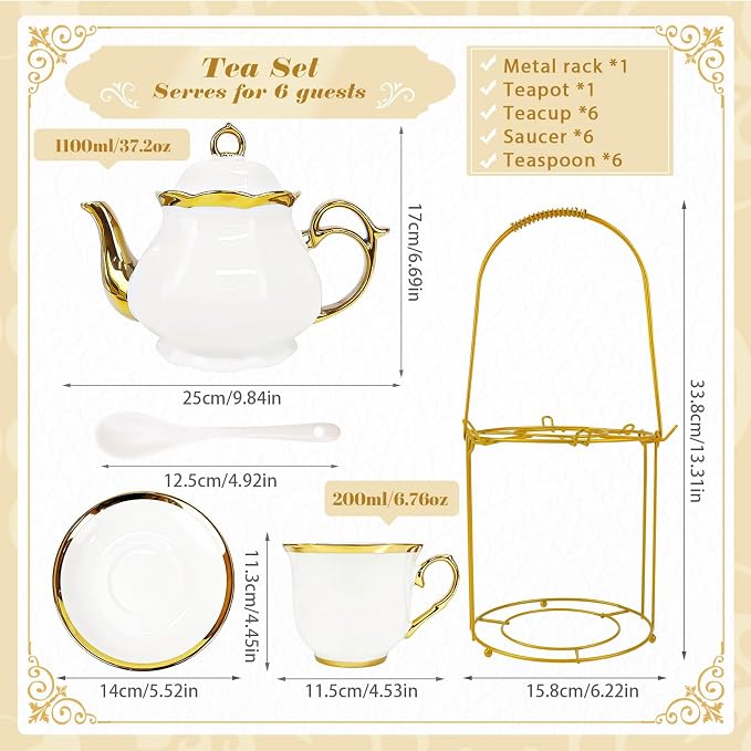 20 Pcs Porcelain Tea Set with Metal Holder, Adult Tea Set Gift, European Ceramic Tea Set for Adults, Flower Tea Cup Saucer Set for Party With Gold Trim(French White/1100ml)