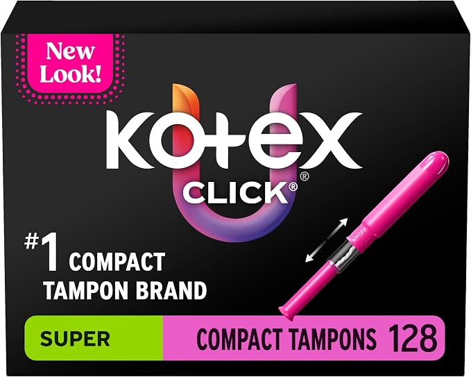 U by Kotex Click Compact Tampons, Super Absorbency, Unscented, 128 Count (8 Packs of 16) (Packaging May Vary)