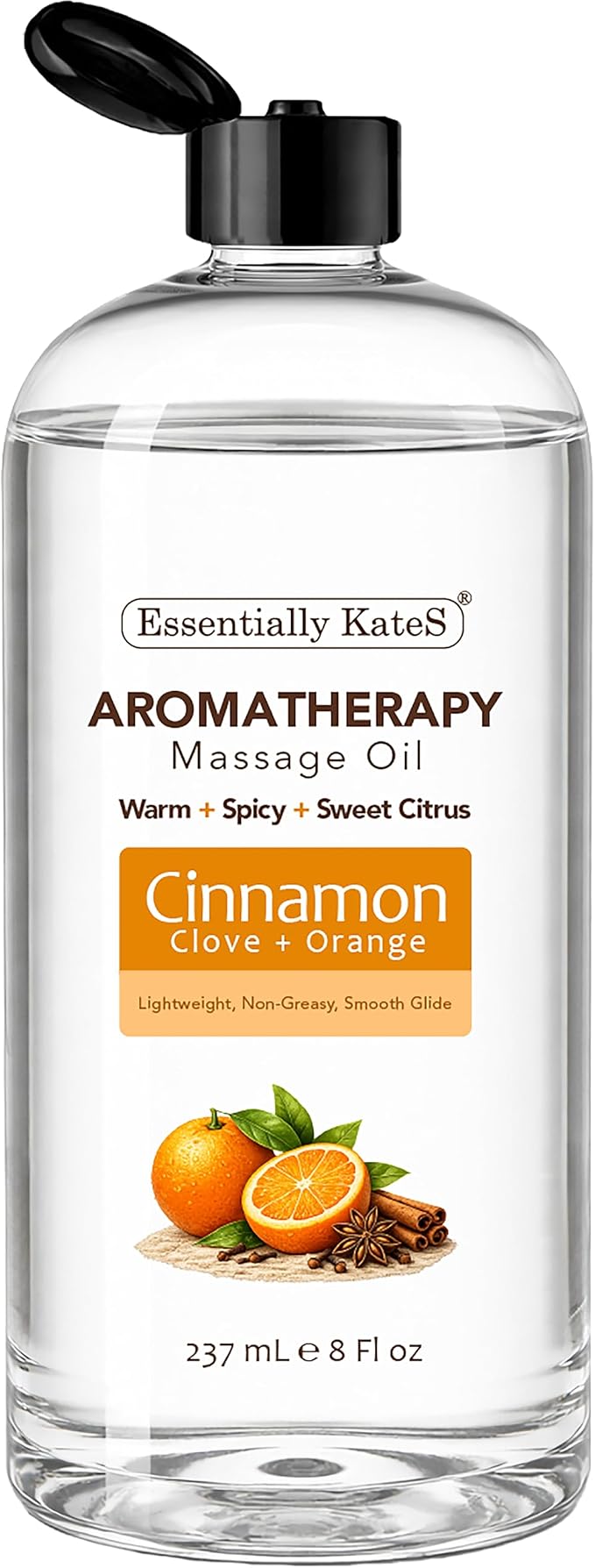 Aromatherapy Massage Oil – Cinnamon, Clove & Orange – Lightweight, Non-Greasy Body Oil with Fractionated Coconut Oil – Warming, Uplifting – 8 fl oz