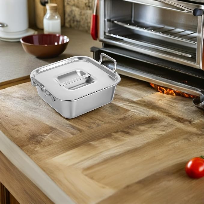 NUOBESTY Stainless Steel Square Snack Basket with Lid and Handles, Food Serving Tray for Fried Chicken, French Fries, Desserts, Party, Buffet, Kitchen (Silver)