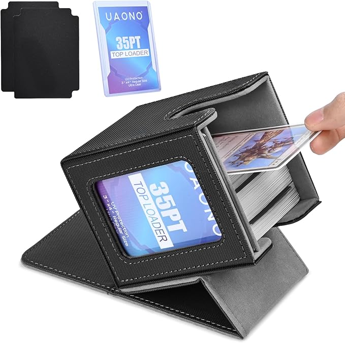 UAONO Card Deck Box with MTG Commander Display, Deck Case Holds 100+ Double-Sleeved Cards, Trading Card Storage Box Fits TCG/PTCG/Sports Card with 2 Dividers, 1 Top Loaders (Black)