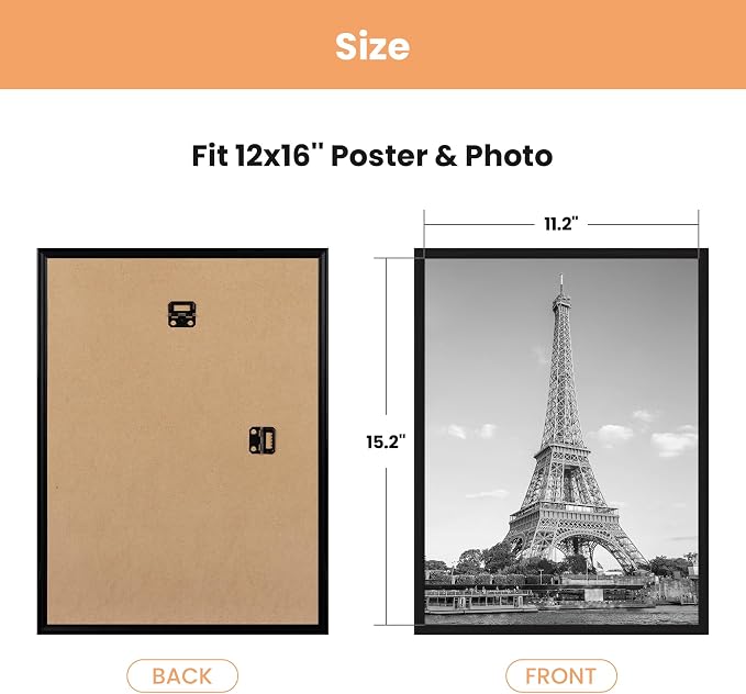 upsimples 12x16 Picture Frame Black 3 Pack, Scratch-Proof Poster Frames 12 x 16 for Photo Gallery - Slide-In Strips, Horizontal or Vertical Wall Mounting | Gallery Wall 12 x 16 Picture Frames Set for Family, Wedding, Christmas, Easy to Change Photos