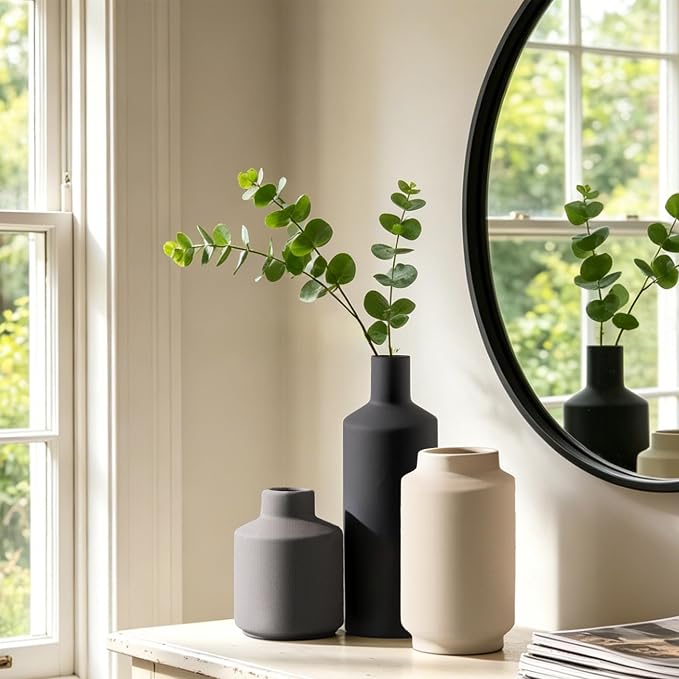Ceramic Vase Set of 3, Modern Decorative Vases for Home Decor, Small Flower Pottery Vase Sets, Boho Farmhouse Rustic Vases for Living Room, Kitchen, Bedroom, Bathroom, Shelf, Table