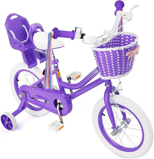 KORIMEFA Girls Bike for Ages 2-8 Years Toddler Kids with Doll Seat, 12 14 16 Inch Bicycle with Training Wheels, Little Small Princess Bicycle with Basket& Streamers, Girls Pedal Bike