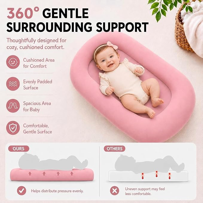 Baby Lounger for Newborns 0-24 Months, Soft Breathable Cotton Infant Support Cushion for Tummy Time & Play, Portable Infant Lounger, Baby Essentials - Dusty Rose (Cover Included)