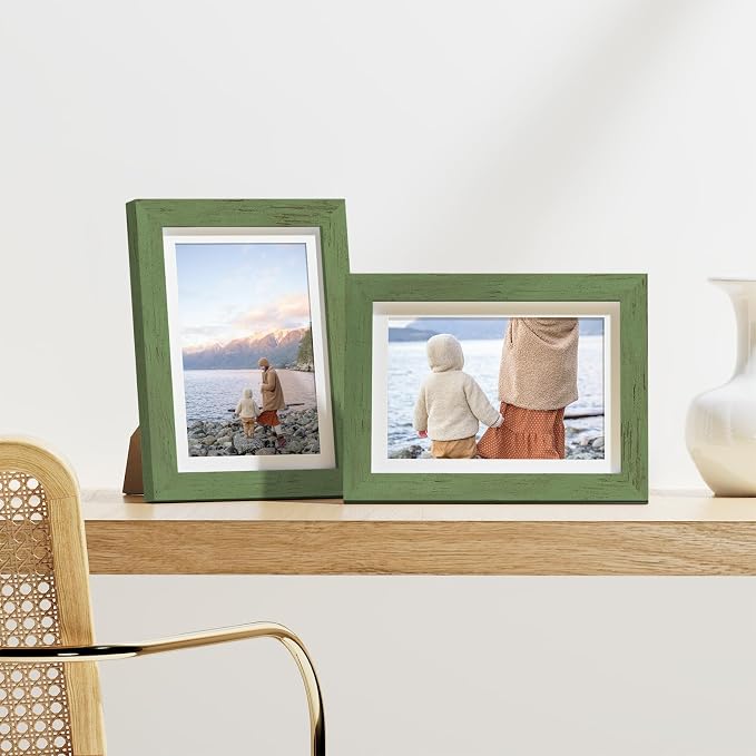 Vittanly 5x7 Picture Frames Set of 9, Wall & Tabletop, Rustic Green | Display Pictures 4x6 with Mat or 5x7 without Mat, Small Photo Frames, Engineered Wood with Shatter Resistant Plexiglass
