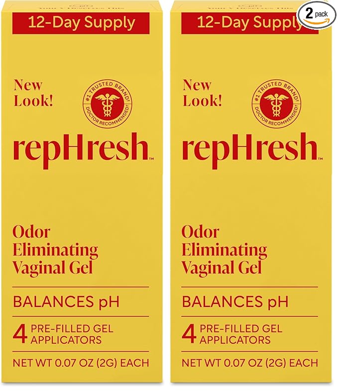 Rephresh Odor Eliminating Vaginal Gel, Fragrance Free, Balances Vaginal pH, Odor Control Up to 3 Days, 4 Pre-Filled Applicators (Pack of 2)