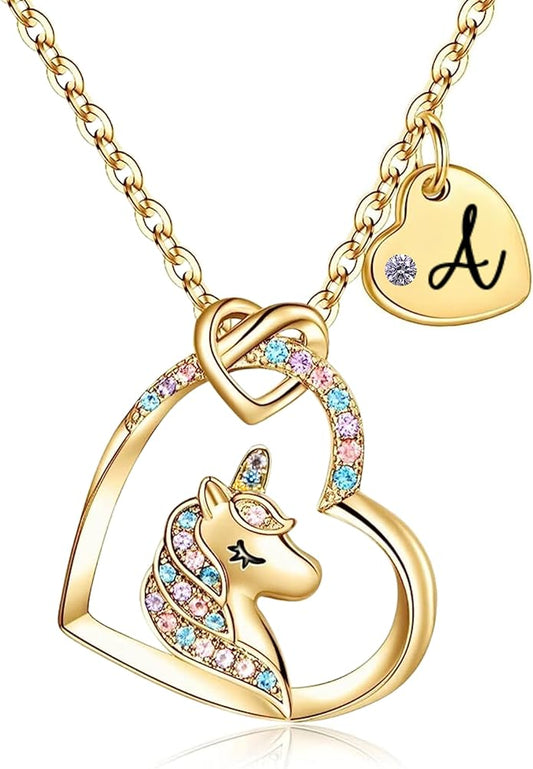 Valentines Day Gifts for Kids Girls - Unicorn Necklace for Girls with Initial Heart Pendant & Gift Box, 18K Gold Fashion Kids Jewelry, Colorful Heart Necklace for Birthdays & Costume Parties.