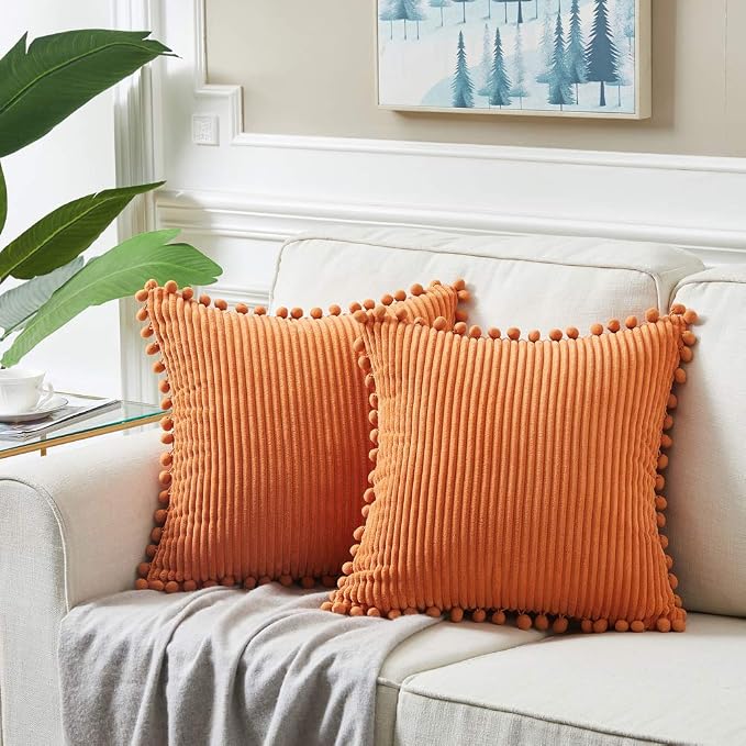 Fancy Homi 2 Pack Burnt Orange Small Decorative Throw Pillow Covers 14x14 Inch with Pom-poms for Couch Bedroom Living Room, Soft Corduroy Solid Rectangle Cushion Case 35x35 cm, Boho Fall Home Decor