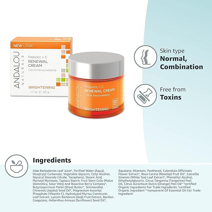 Andalou Naturals Probiotic + Vitamin C Renewal Cream-Complexion Enhancing Hydrating Face Moisturizer-Helps Promote Firmer Skin&More Even Tone-Lightweight,Non-Greasy Formula-1.7 Oz,(Pack of 2)