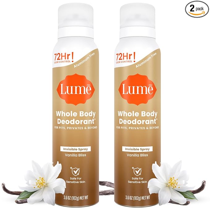 Lume Invisible Spray Deodorant For Women - Whole Body Deodorant Spray - 72 Hr Odor Control - Ozone Friendly, Natural Propellant - Aluminum & Baking Soda Free, Skin Loving - 3.6 oz, 2pk (Vanilla Bliss)