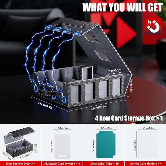 Trading Card Storage Box – 3500+ Magnetic MTG Deck Box with Handle,Commander & Toploader Display, Dice Box,4 Dividers & 30 Color Labels – Fits for TCG,MTG,Yu-Gi-Oh and Sport cards