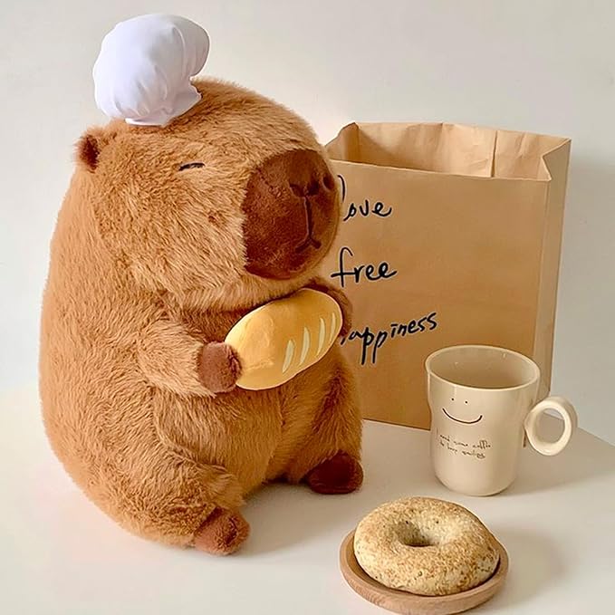 Capybara Plush with Cooking Chef Hat Holding Baguette 9.8 inch Cute Bread Capibara Stuffed Animal Ultra Soft Plushies Toys Kawaii Gifts for Kids Brown