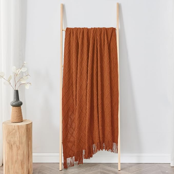 inhand Orange Rust Knitted Throw Blanket for Couch and Bed, 60"x80" | Soft Cozy Knit Blanket with Tassel, Lightweight Decorative Blankets and Throws, Farmhouse Warm Woven for Men and Women