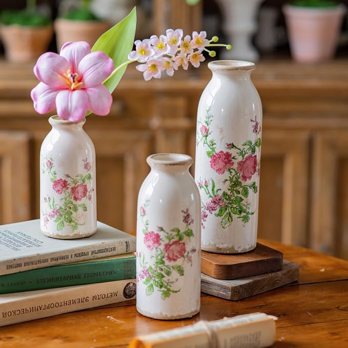 Vintage Vase Set of 3, Ceramic Vintage Flower Vases, Decorative Home Decor Retro Floral Vase Rustic Farmhouse Decor for Table Bookshelf Mantel Kitchen Living Room Office - Pink Flower