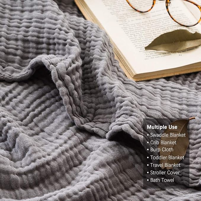 EMME Muslin Blankets for Adults Throw Blanket for Couch Breathable Gauze Soft Lightweight Airy Grey Twin 60" x 80"