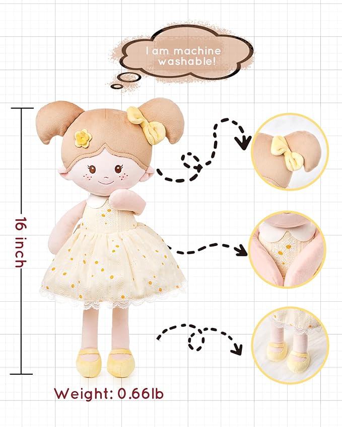 Soft Baby Doll Toys (16''), My First Baby Rag Doll for 1 Year-Old Girl Birthday Gift, Christmas Plush Toys Gift for Toddler Kids Infants-Daisy Yellow