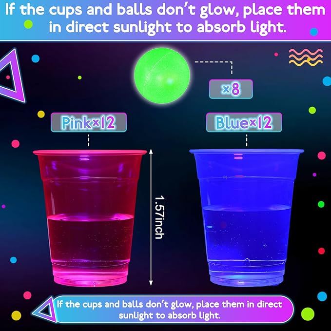 32 Pcs Glow in The Dark Party Table Tennis Game Set Include 24 Pcs Glowing Plastic Cups and 8 Balls for Indoor Outdoor Party Event Birthdays Weddings BBQ Parties