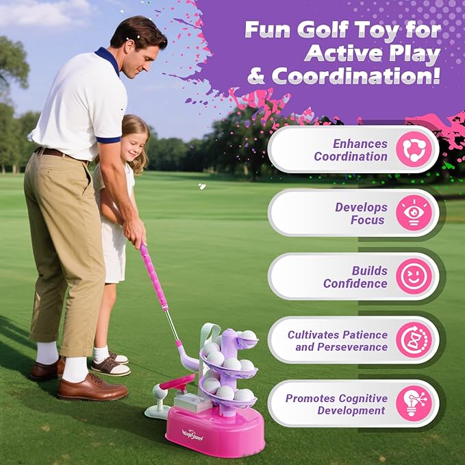 EagleStone Toddler Golf Set with Foot Pedal Launcher, Kids Golf Toy for Ages 3-8, Includes Adjustable Golf Club, 15 Balls & Golf Cart, Indoor&Outdoor Sports Gift for Boys and Girls