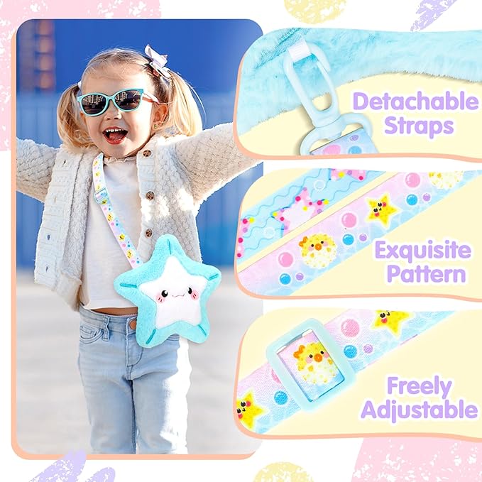 Plush Starfish Bag Kids Handbag Crossbody Bag with Zipper,Plush Coin Purse with Adjustable Strap,Soft Starfish Stuffed Purse Birthday Gift for Toddlers Kids