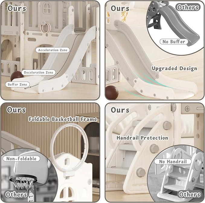YUFU 9 in 1 Toddler Slide, Kids Slide for Toddlers Age 1-3, Toddler Climber Slide with Ring Toss, Tunnel, Corridor and Basketball Hoop, Toddlers Indoor Outdoor Playset (Beige+Gray)